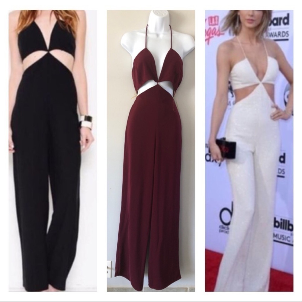 NEW L’Atiste by Amy Burgundy Wide Leg Jumpsuit Cutouts Halter Fully Lined Size S